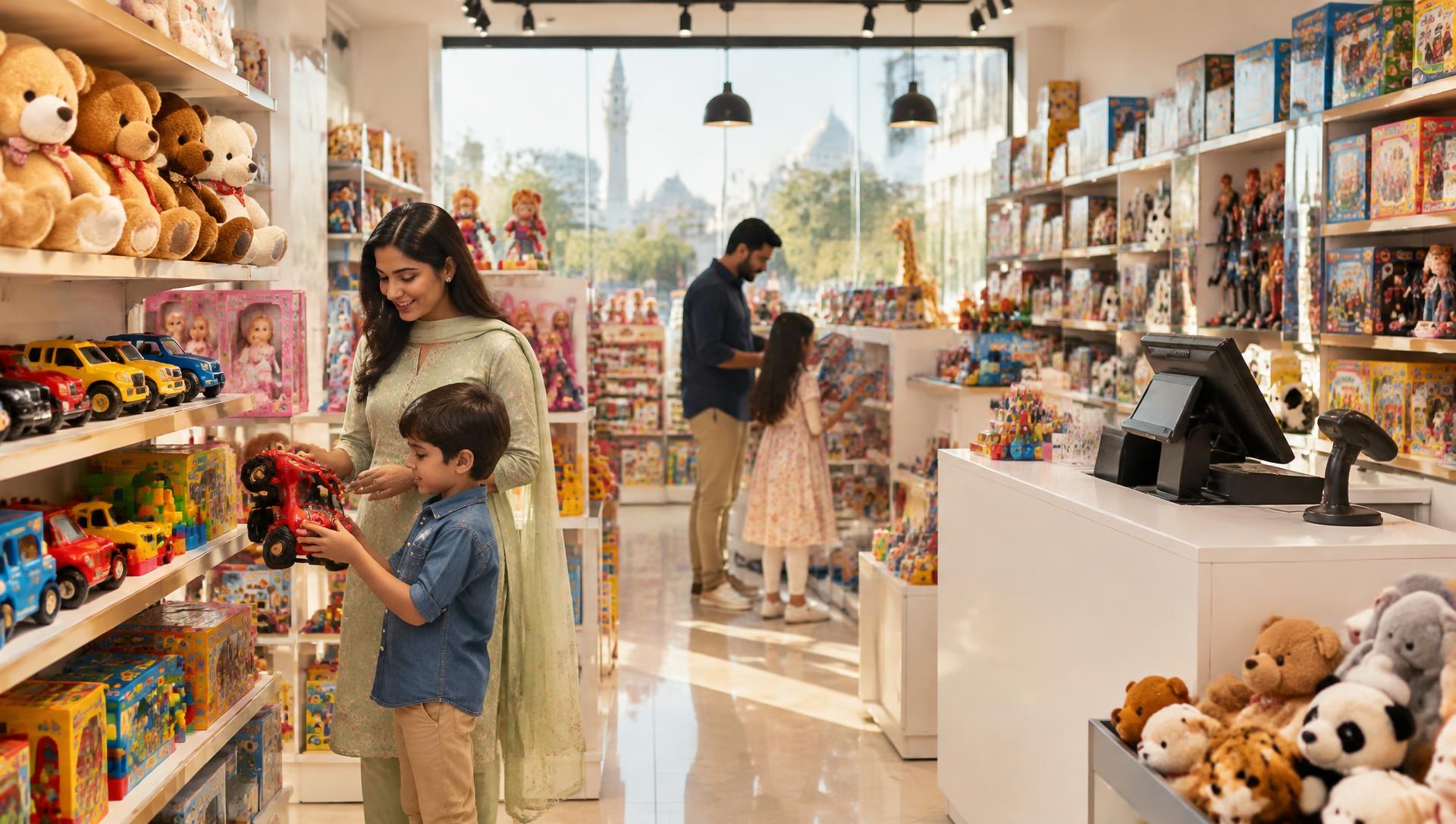Bright toy store with shelves of teddy bears, toy cars and a checkout counter